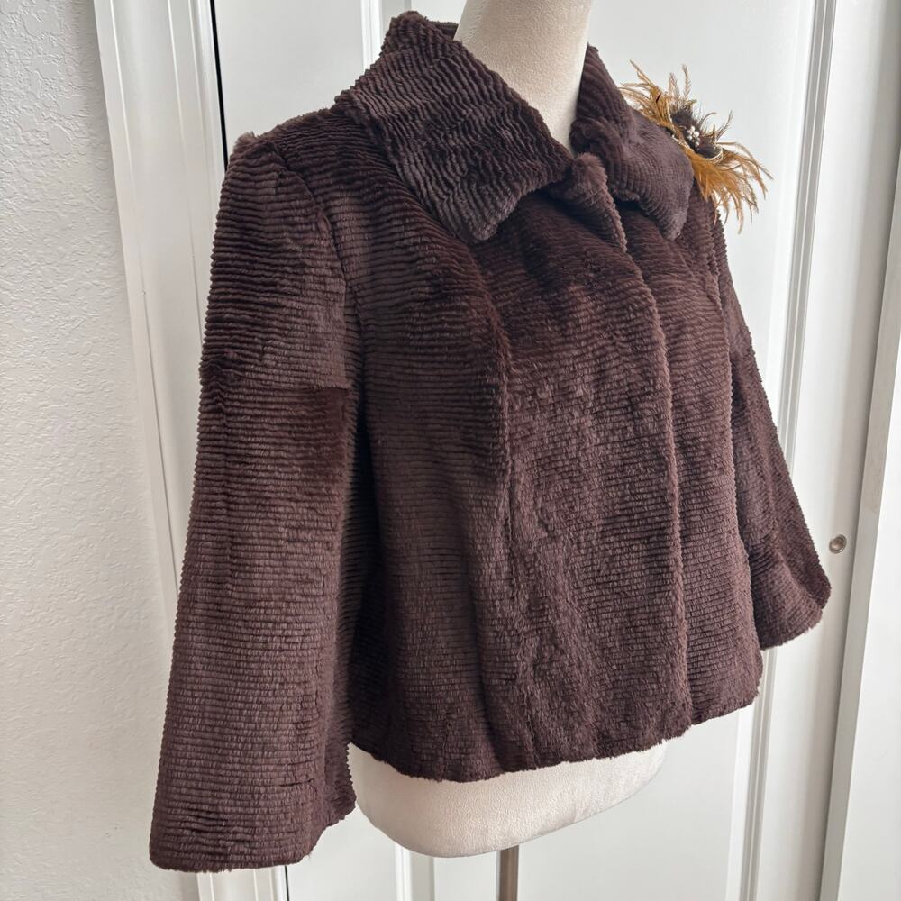 SPI 25 Sandy Pino Rabbit Fur Jacket Brown Ribbed Cropped Coat Brooch Large - Picture 3 of 13